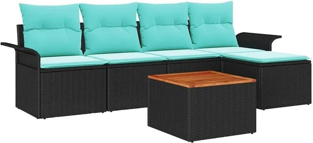 vidaXL Gartensofa-Set aus Poly-Rattan in Schwarz und Türkis mit 6 Teilen, inklusive Polster und Couchtisch für Garten und Terrasse - Bild 1