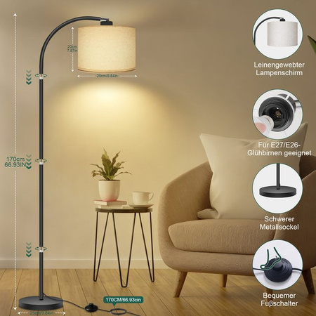 Oraymin Bogenlampe Moderne Stehlampe mit Beige Leinen-Lampenschirm und Verstellbarem Kopf, Höhe: 170 cm, Inklusive LED E27 Warmweiß