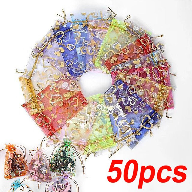 50 Stück Aogue Organza Schmuckbeutel mit Herzen Muster und Kordelzug, Mehrfarbig, B: 7 cm, H: 9 cm - Bild 1