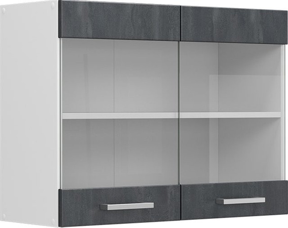 Vicco Küchen-Hängeglasschrank R-Line mit Glastüren, Schwarz Beton/Weiß, Breite: 80 cm, Höhe: 60 cm, Tiefe: 31 cm
