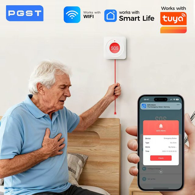 PGST WLAN-Panikknopf für Senioren in Weiß als Notfall-Sturz-Alarmgerät und SOS-Lebensalarm kompatibel mit der Tuya Smart App - Bild 1