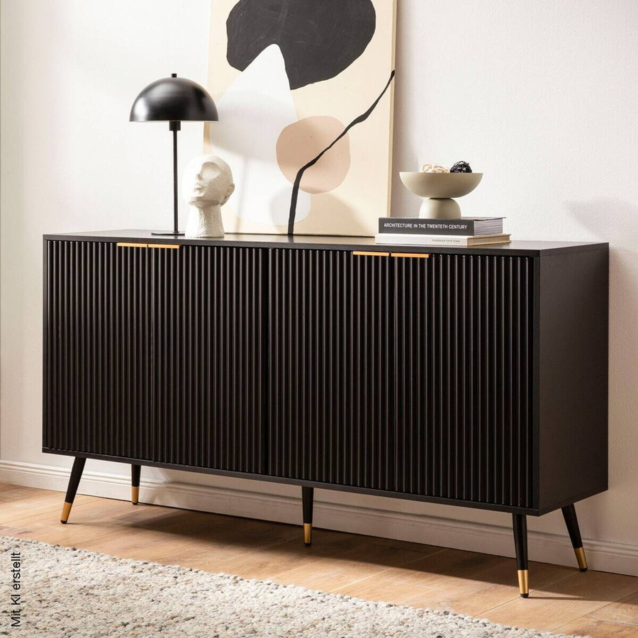 Modernes Sideboard in Schwarz und Gold mit Streifenmuster, B/H/T: 150 x 81 x 39 cm - Bild 4
