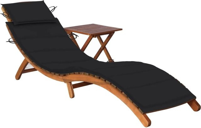 vidaXL Sonnenliege aus Akazien-Massivholz mit Tisch und wetterfester Auflage in Schwarz - Bild 1