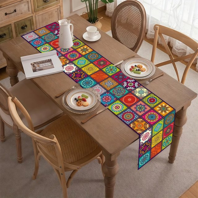 OURFETE Tischläufer im Boho-Stil mit buntem Mandala- und Blumenfliesen-Print, Rechteckig, Breite: 180 cm, Breite: 35 cm - Bild 1