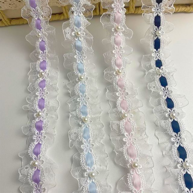 Vintage Spitzenband mit Blumen-Perlen-Stickerei in Pink und Multicolour für Brautschleier und Hochzeitskleider, 1 Yard - Bild 1