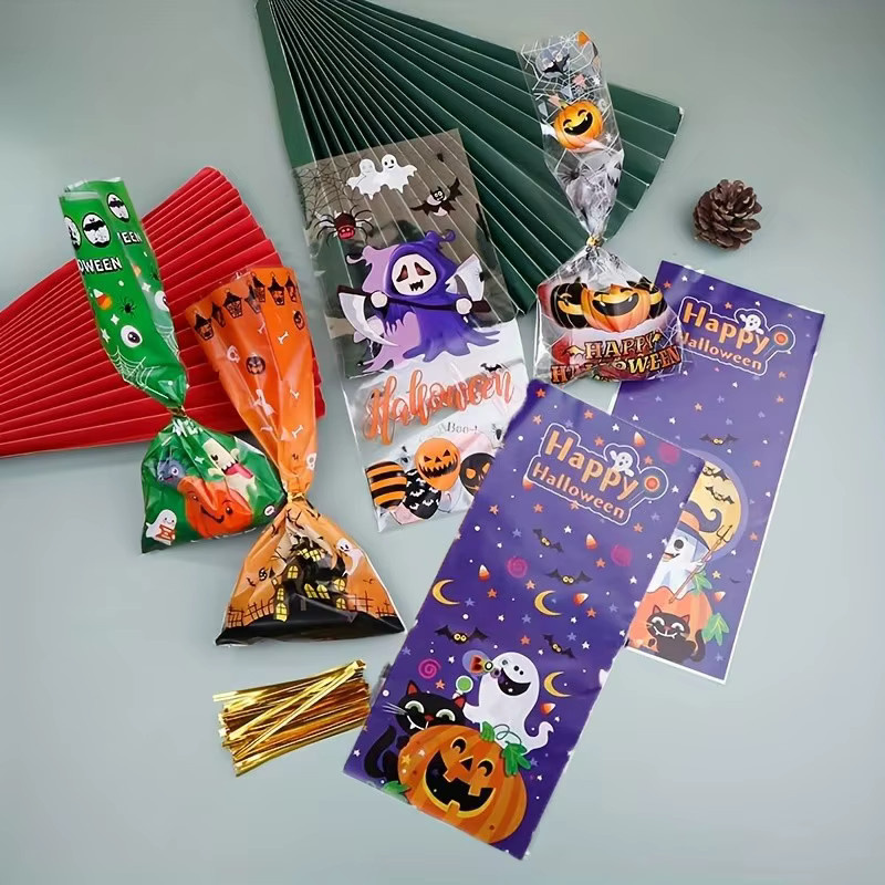 50 Stück Halloween-Süßigkeitenbeutel aus Kunststoff mit 3 verschiedenen Designs und Drehverschluss für deine Party-Geschenkverpackung - Bild 2