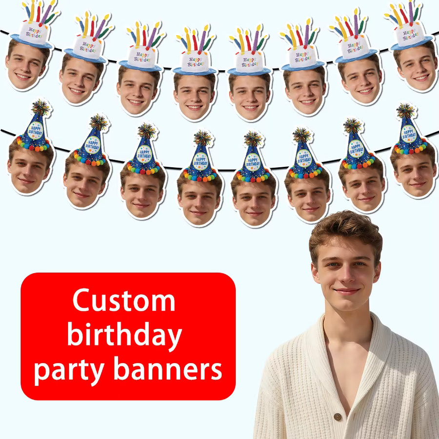 Personalisiertes Cyuan Geburtstags-Fotobanner mit Geburtstagshut-Muster als Wimpelkette für deine Party-Dekoration in Mehrfarbig - Bild 1