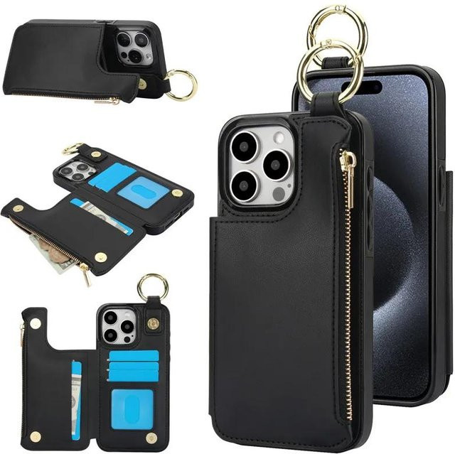 G.MING Leder-Handyhülle mit Ring-Reißverschluss und Geldbörse als Klappständer für iPhone 16 Pro Max bis iPhone 7 in Schwarz - Bild 1
