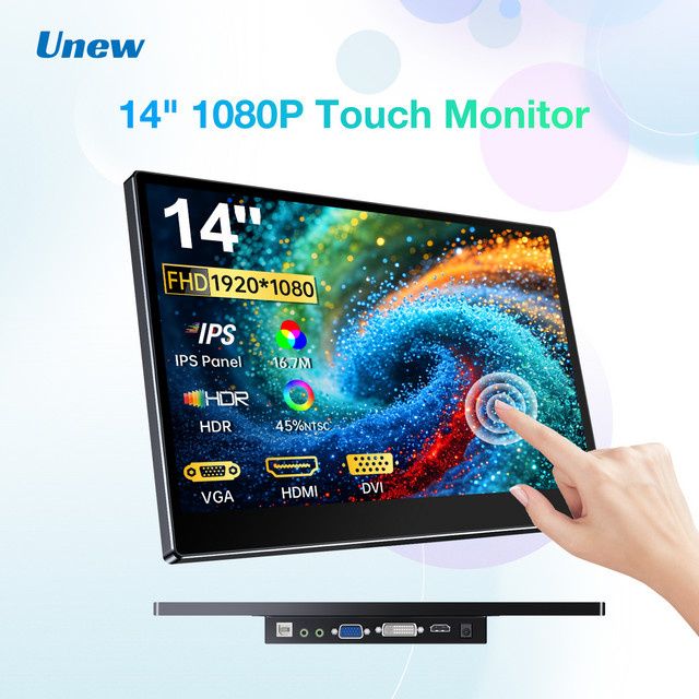 UNEW 14 Zoll IPS Touchscreen-Monitor Full HD 1080P mit 10-Punkt-Touch, HDMI, VGA, DVI, Lautsprecher und VESA-Halterung, Schwarz - Bild 1