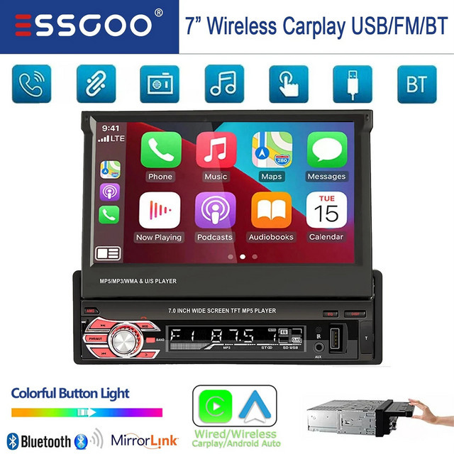 ESSGOO Single DIN 7 Zoll Auto Stereo Radio mit Flip Out HD Touchscreen, CarPlay, Android Auto, Bluetooth, USB und AUX in Schwarz - Bild 1