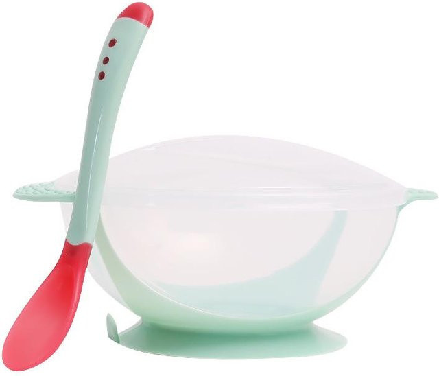 NATAWA Baby-Futterschüssel-Set mit Saugnapf und Temperatursensor, inklusive Löffel, Grün - Bild 1