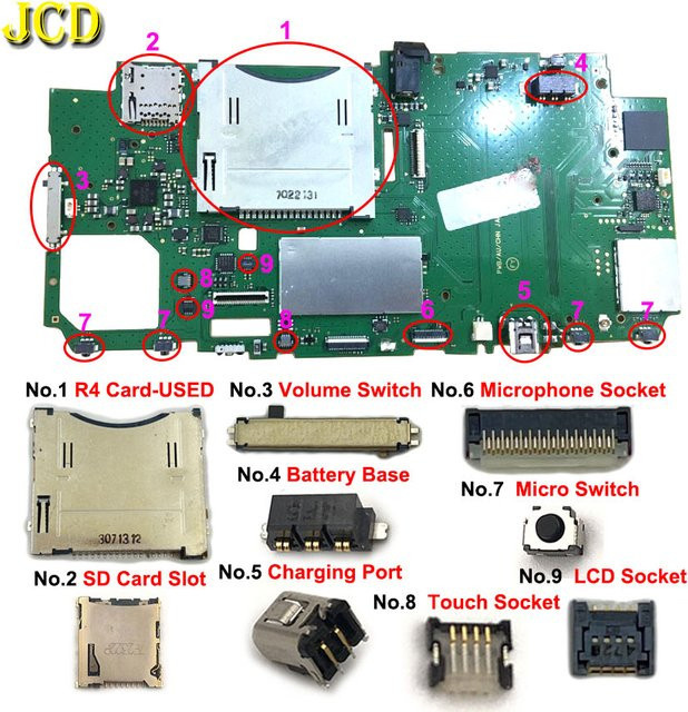 JCD Ersatzteil-Set für Neue 2DS XL LL mit Lautstärketasten, Mikro-Schaltern, Batterie-Basis, Ladeport, R4 SD-Kartenslot, Mikrofon, Touch-LCD-Buchse und Stecker - Bild 1