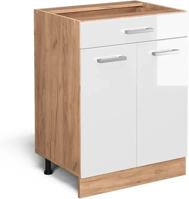 Vicco Küchenunterschrank R-Line in Weiß Hochglanz und Goldkraft Eiche mit Schublade, Breite: 60 cm - Bild 1