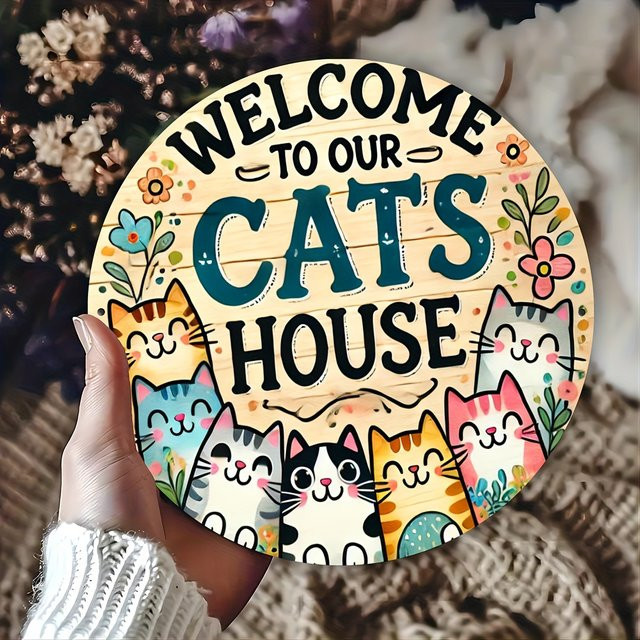 Potdemiel Vintage-Aluminiumschild Willkommen im Cat House, Wandkunst aus Metall, Mehrfarbig, B/H: 19,8 x 19,8 cm - Bild 1