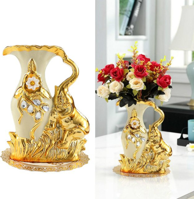 Keramik-Blumenvase im europäischen Stil mit Elefant-Motiv in Gold - Bild 1