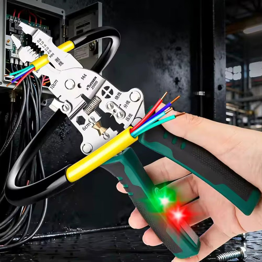 Multifunktionale Elektrikerzange in Grün mit Abisolier-, Crimp- und Kabelschneidefunktion sowie Spannungsprüfung - Bild 3