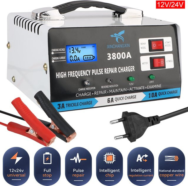 Automatisches Blei-Säure-Batterieladegerät für 12V und 24V mit Reparaturfunktion und EU-Stecker in Silber - Bild 1