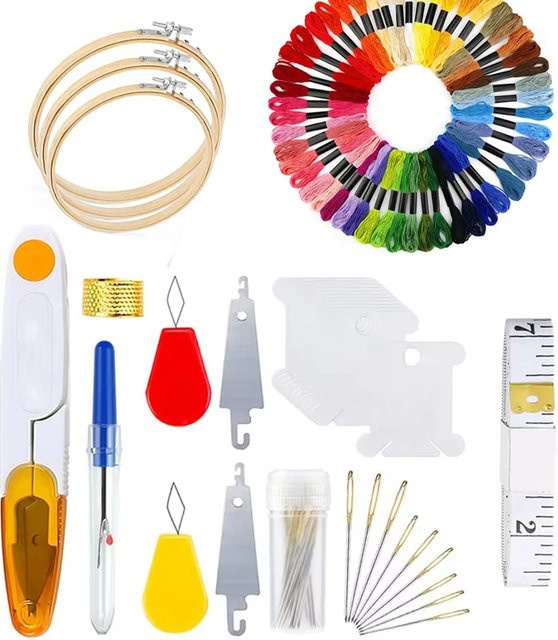 NOTIONSLAND Kreuzstich Starter-Set mit mehrfarbigem Baumwollfaden und Bambus-Stickrahmen für DIY-Stickereien - Bild 1