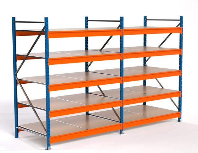 PROREGAL Industrie Weitspannregal MAXIMUS PRO Komplettregal mit 2 Feldern und 5 Spanplatten-Fachböden, Blau/Orange, H x B x T: 200 x 300 x 100 cm - Bild 1
