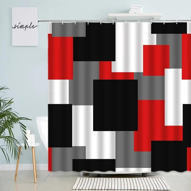 Moderner Duschvorhang mit geometrischem 3D-Plaid-Design in Schwarz, Rot, Grau und Weiß inklusive Haken, B/H: 90 x 180 cm - Bild 1