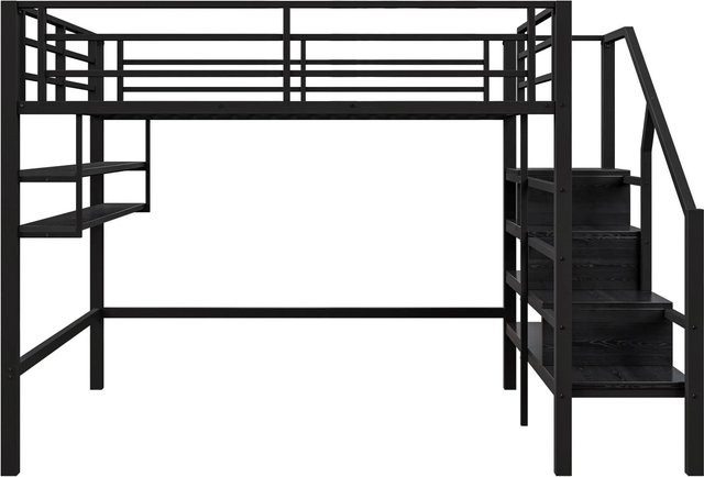 okwish Hochbett für Kinderzimmer in Schwarz mit Stauraumleiter und Seitenfächern, B/T/H: 200 x 140 x 150 cm - Bild 1