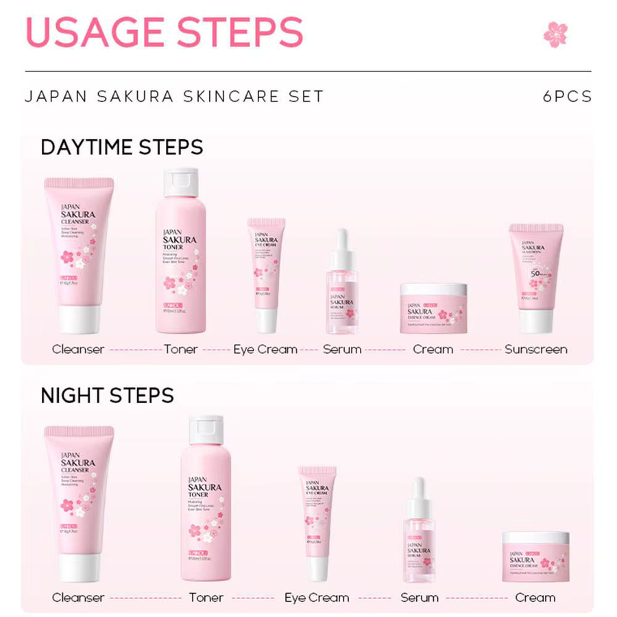 LAIKOU Sakura Hautpflegeset, Damen, mit Reinigung, Toner, Serum, Augencreme, Sonnenschutz, Gesichtscreme - Bild 2