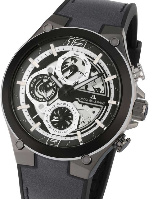 Jacques Lemans Herrenuhr, Quarz, Edelstahl, Leder, Schwarz, 43 mm - Bild 1