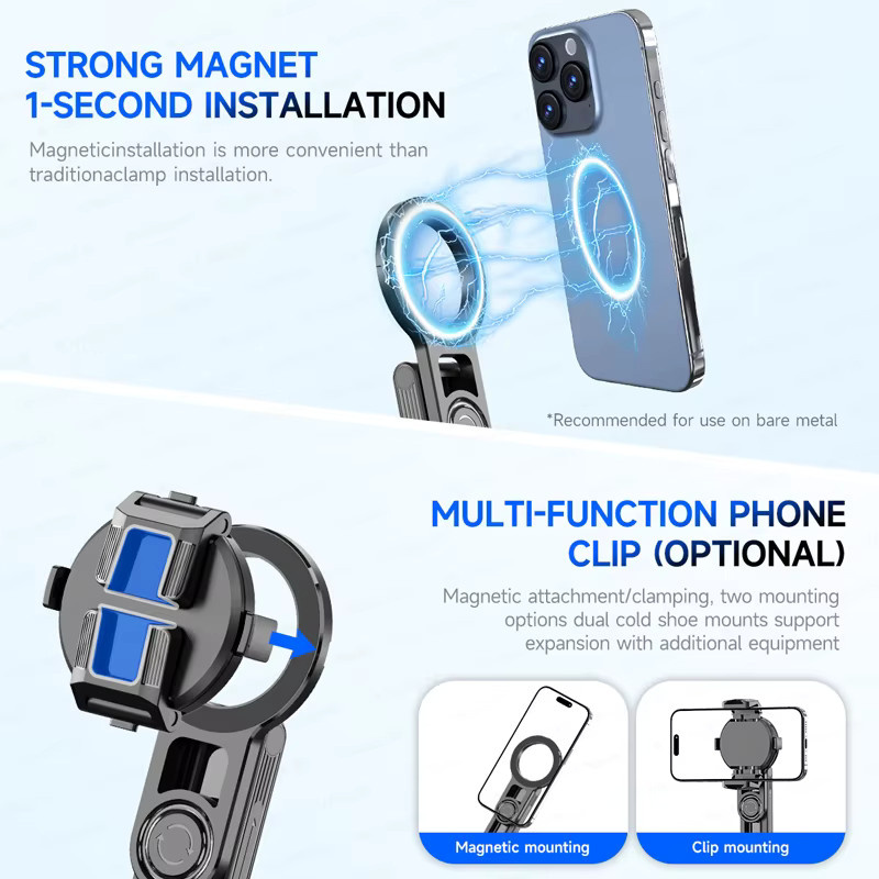 Axnen Magnetischer Mini-Selfie-Stick Stativ mit Gimbal und kabelloser Fernbedienung für Smartphones in Schwarz - Bild 2