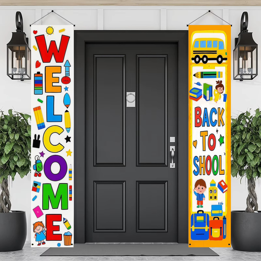 VIKAMA Willkommen zurück in der Schule Veranda-Banner mit Cartoon-Motiven wie Schulbus, Bleistift und Rucksack, mehrfarbiges Hängedekor-Set für Kinder - Bild 3