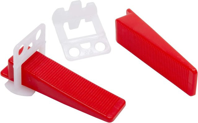 Dalsys Fliesen Nivelliersystem Set mit 1000 Zuglaschen und 300 Keilen in 3mm, transparent und rot - Bild 1