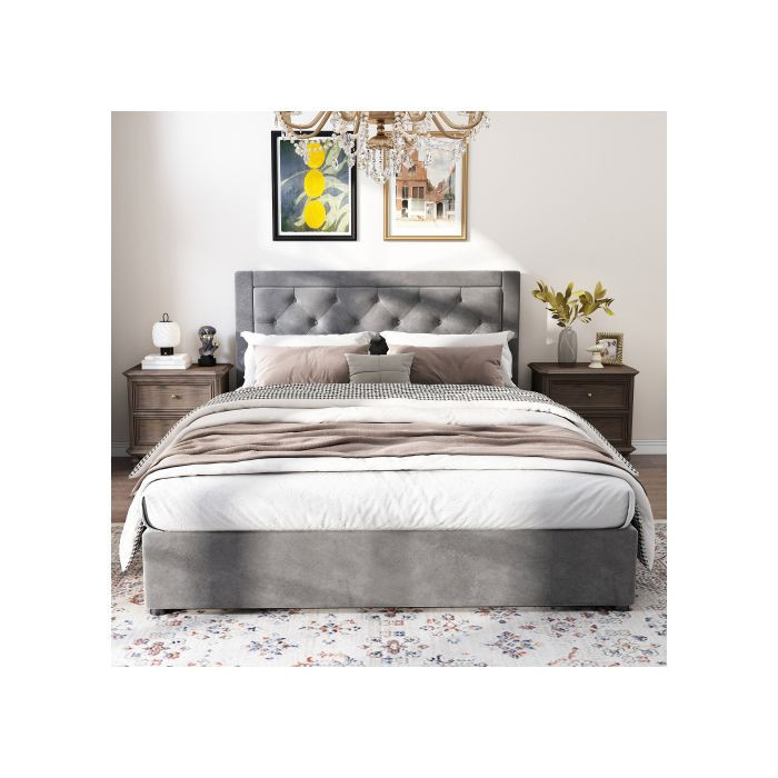 Gepolstertes Bett MUVOE in Grau mit Lattenrost und optimiertem Stauraum, B/T: 140 x 200 cm - Bild 2