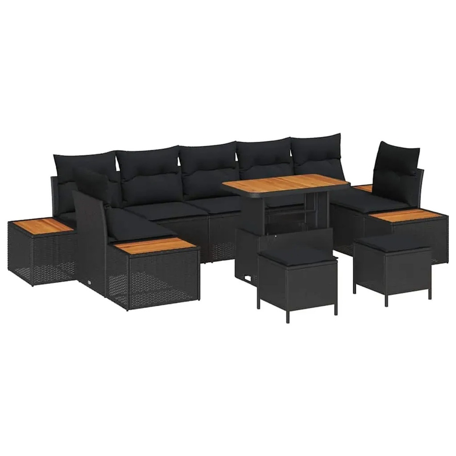 vidaXL Garten-Sofa-Set aus Poly Rattan und Stahl in Schwarz mit 10-teiligem Polster-Set und Tisch - Bild 2