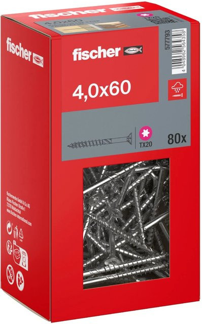 Fischer PowerFast II A2 Senkkopf TX Teilgewinde Schraube aus Edelstahl in Silber, Durchmesser: 4 mm, Länge: 60 mm, 80 Stück - Bild 1