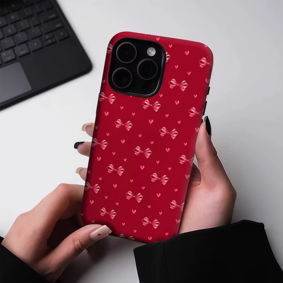 Potdemiel Handyhülle mit Rosa Schleife und Herz für iPhone 17 16 15 14 13 Pro Max Plus, magnetische robuste Doppel-Schicht-Hülle in Pink und Rot - Bild 3