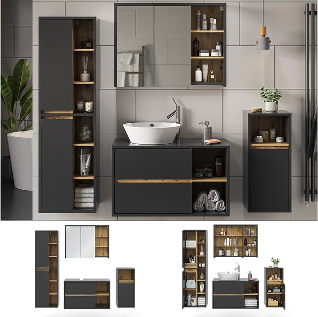 Vicco Badmöbel-Set Viola in Anthrazit und Eiche, 4-teiliges modernes Badezimmer-Set bestehend aus Spiegelschrank, Waschtischunterschrank, Midischrank und Hochschrank - Bild 1