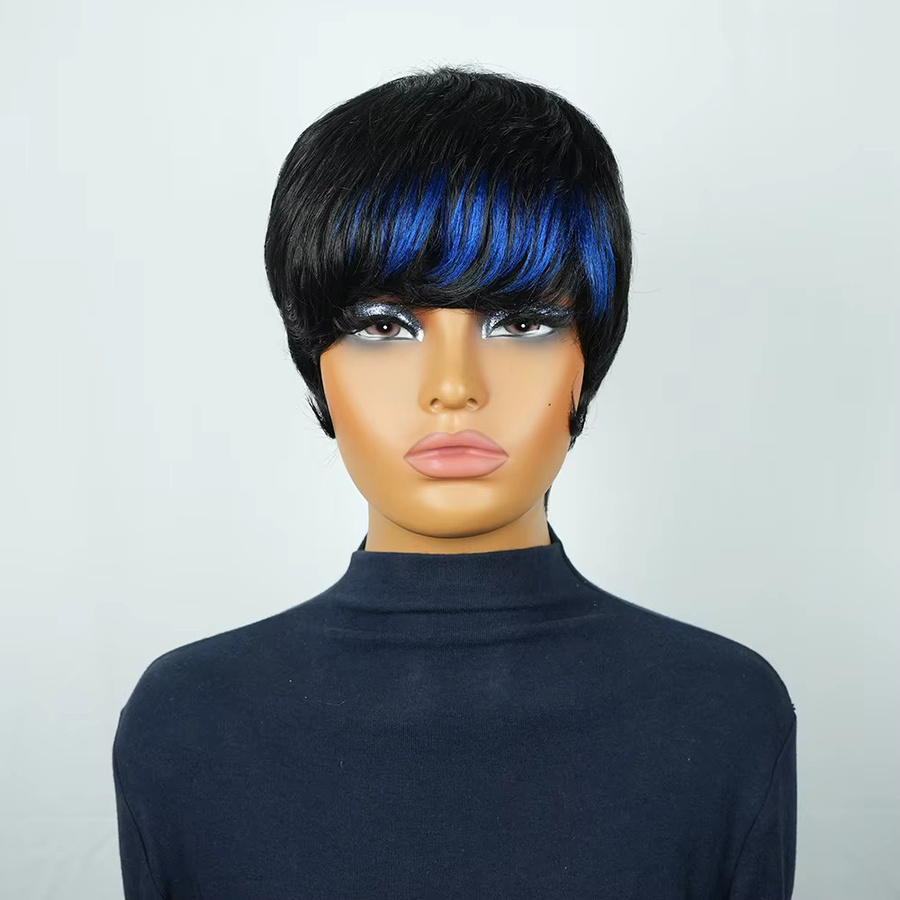 OYM HAIR Pixie-Perücke, blaues Ombre, Echthaar, 180 % Dichte, Damen - Bild 2