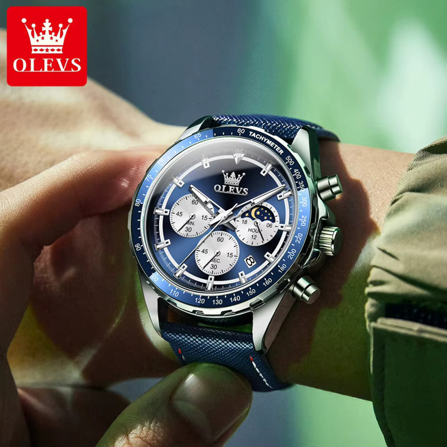 OLEVS Armbanduhr Chronograph, Quarz, Edelstahl, Blau, Herren - Bild 4