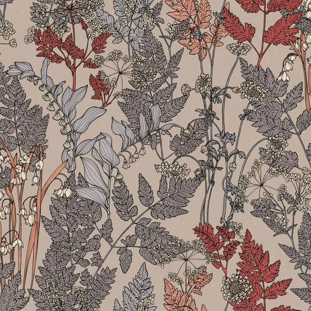 Profhome Blumen Tapete Floral Matt in Beige Grau Rot, B: 0,53 m x H: 10,05 m - Bild 1