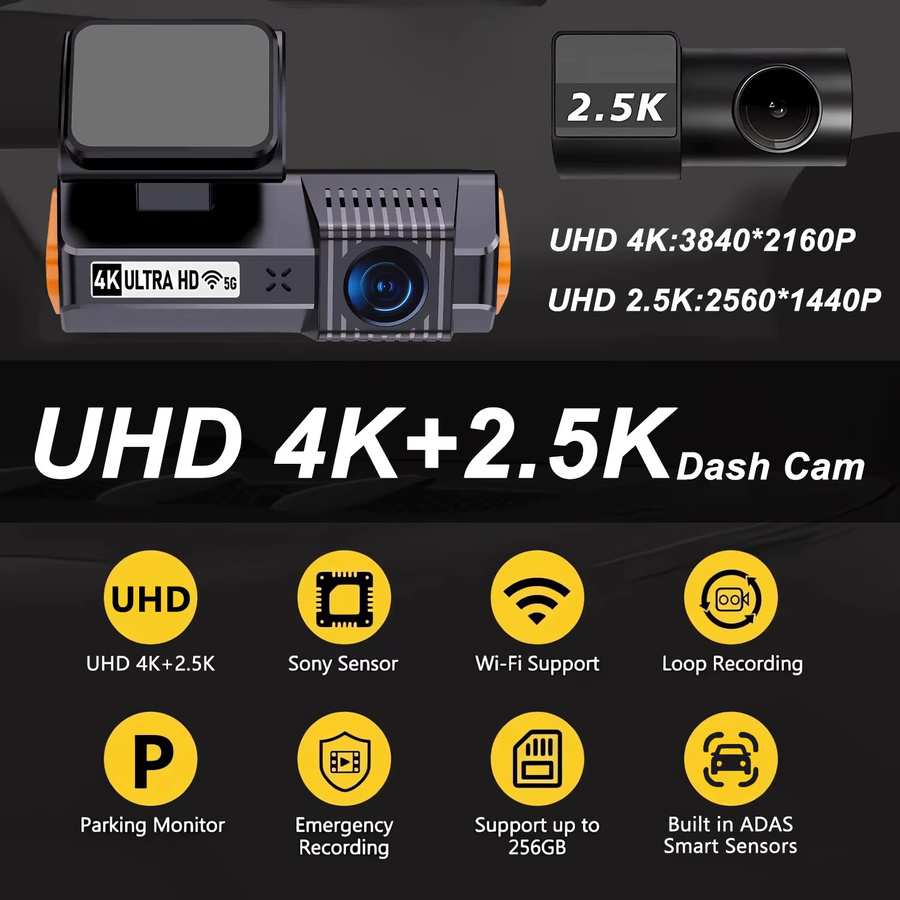 Maxtoss ADAS 4K Dashcam mit 5G WiFi und GPS, Dual-Kanal Videorekorder vorne 4K und hinten 2.5K, 24H Nachtsicht, Schwarz - Bild 2