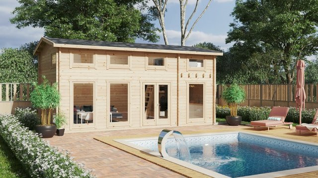 Blockbohlenhaus Schweden B XL mit Schlafboden als großes Gartenhaus aus Holz, B/T: 7 x 4 m - Bild 1