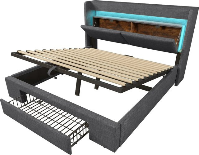 okwish Polsterbett mit LED-Beleuchtung, USB-Anschluss und Bettablage in Grau inklusive Matratze, B/T/H: 140 x 200 x 151 cm - Bild 1