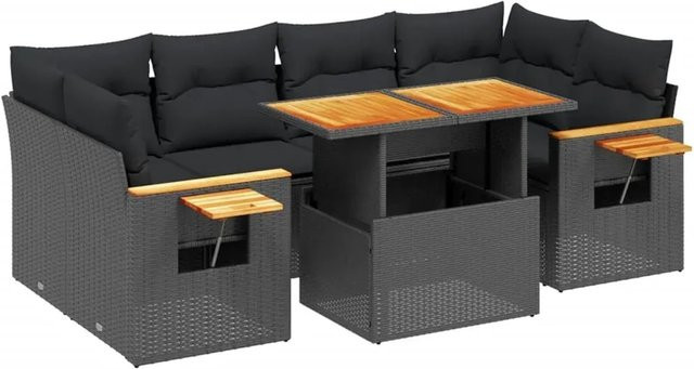 vidaXL 7-tlg Garten-Sofagarnitur in L-Form aus schwarzem Poly-Rattan mit Kissen und pulverbeschichtetem Stahlgestell - Bild 1