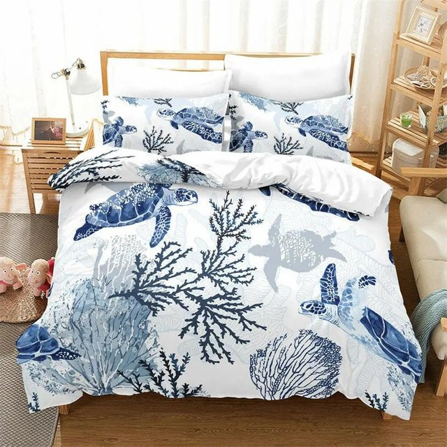 Bettwäsche-Set Meeresschildkröte von Your Warm Home in Türkis und Weiß mit Meeresleben-Motiv, Material Polyester, B/H: 140 x 200 cm - Bild 1