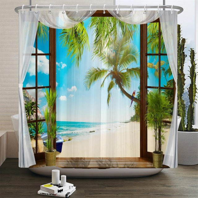 Wasserdichter Duschvorhang mit 3D Strand Landschaft Design von Baifenbai Home Furnishing in Blau, B/H: 180 x 240 cm - Bild 1
