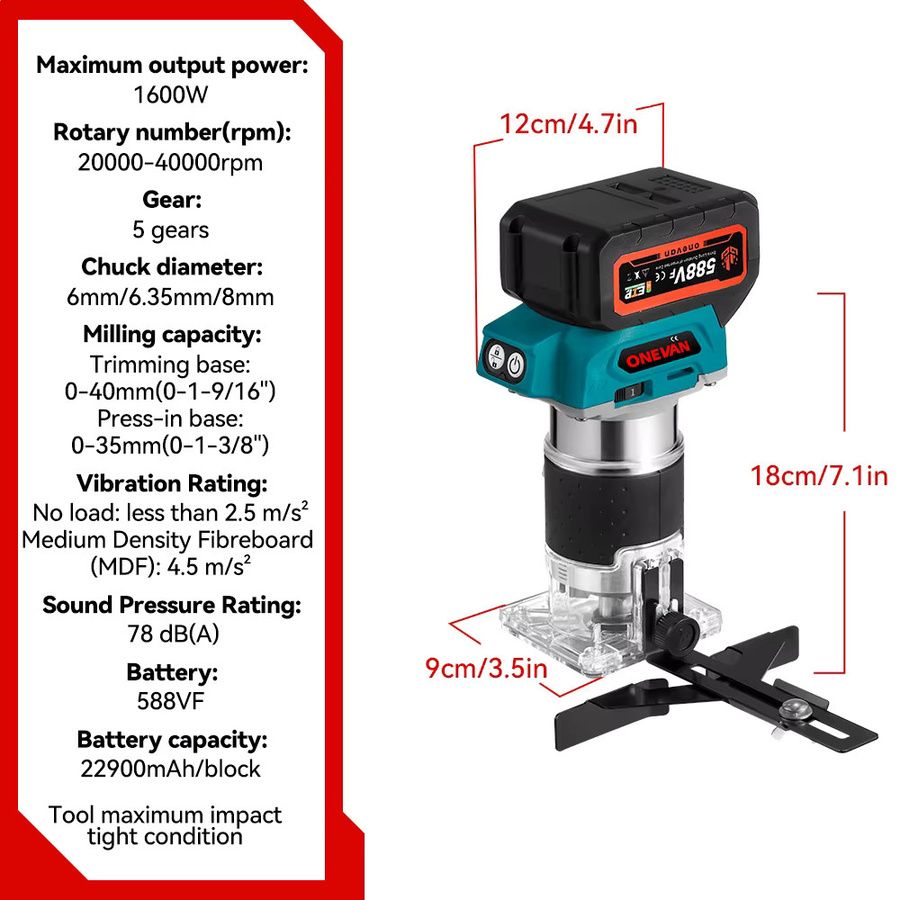 ONEVAN Bürstenloser elektrischer Trimmer 1600 W mit 5 Gängen, kabelloser Router für Makita-Akku-Pin, Farbe: Petrol - Bild 4