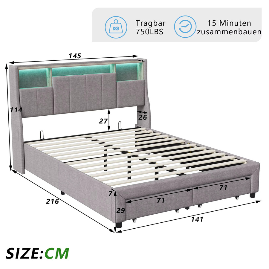 Superaly Polsterbett mit USB-Ladefunktion und LED-Beleuchtung in Grau, Jugendbett mit Stauraum und 2 Schubladen aus Leinen, B/T: 140 x 200 cm - Bild 4