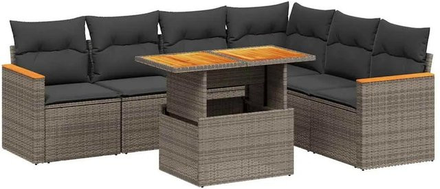 vidaXL 7-teilige Garten-Sofagarnitur in L-Form aus grauem Poly-Rattan mit Kissen und Akazienholz - Bild 1