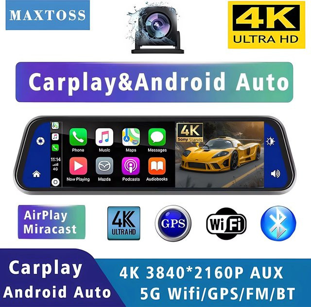 Maxtoss 10 Zoll 4K Dashcam Rückspiegelkamera mit Android Auto, Apple CarPlay, GPS, WLAN und Bluetooth in Schwarz - Bild 1