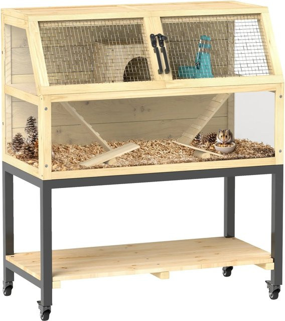 PawHut Zwerghamsterkäfig aus Tannenholz und Stahl in Naturholz/Braun, B: 43 cm, H: 101 cm, T: 87 cm - Bild 1