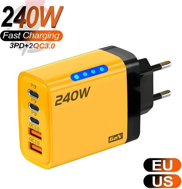 240W USB-C Schnellladegerät Wandadapter mit EU- und US-Stecker in Schwarz für Samsung, Huawei, Xiaomi und iPhone - Bild 1